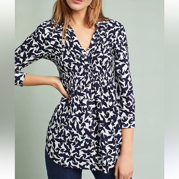 Anthropologie Maeve Alexa Smocked Bird Print Navy & White size S - Picture 1 of 4